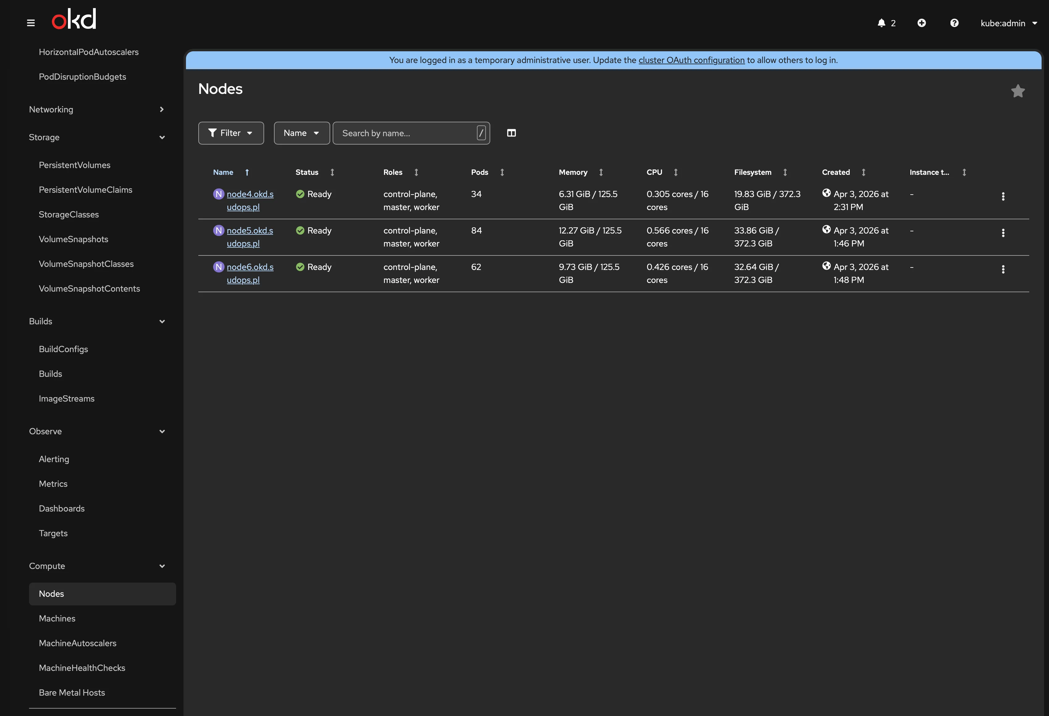 OKD console showing all three nodes Ready