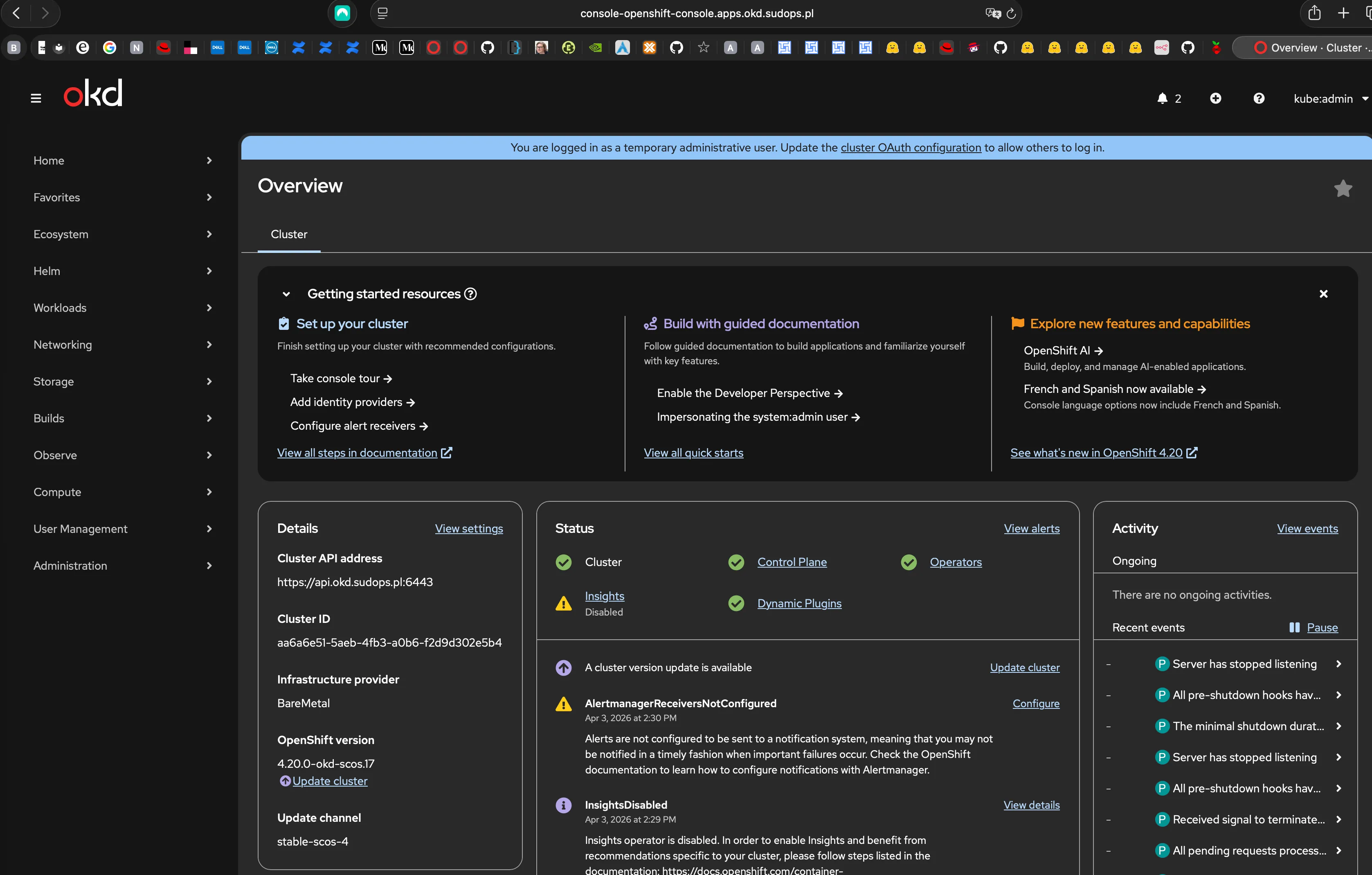 OKD console cluster overview — 3 nodes, 221 pods, all healthy