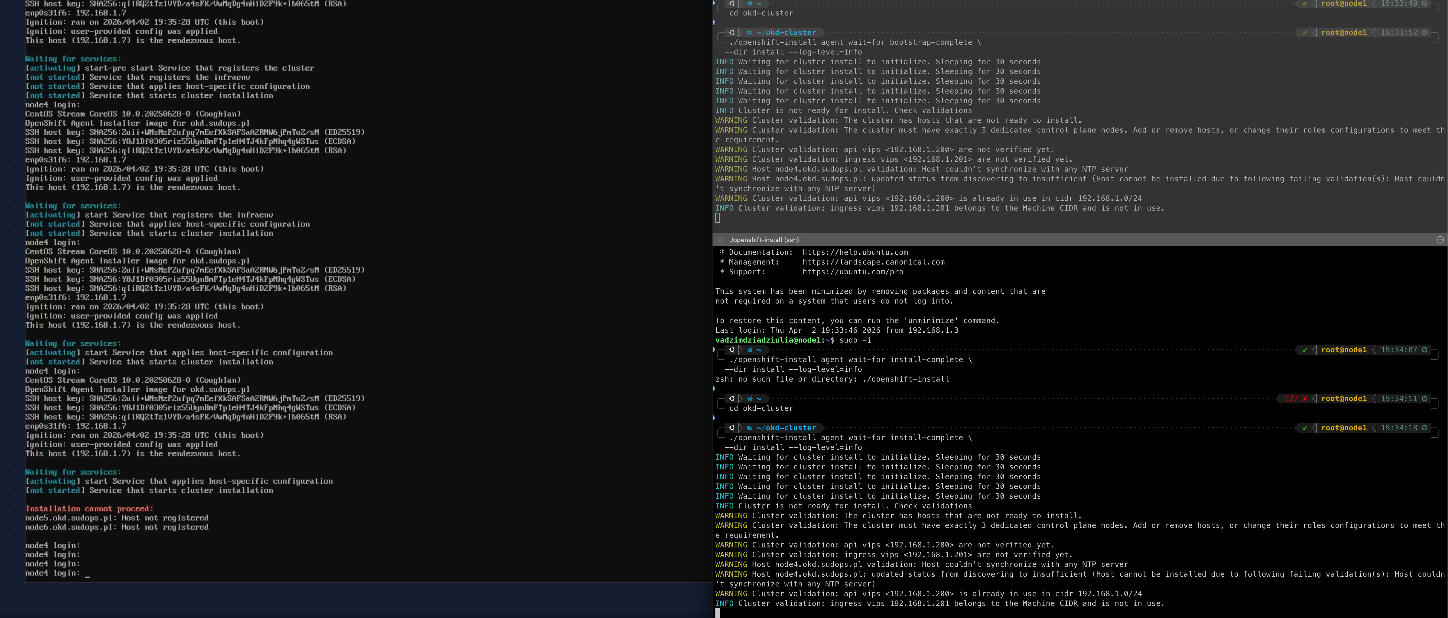 First install attempt — JetKVM console showing VIP conflict and waiting for hosts