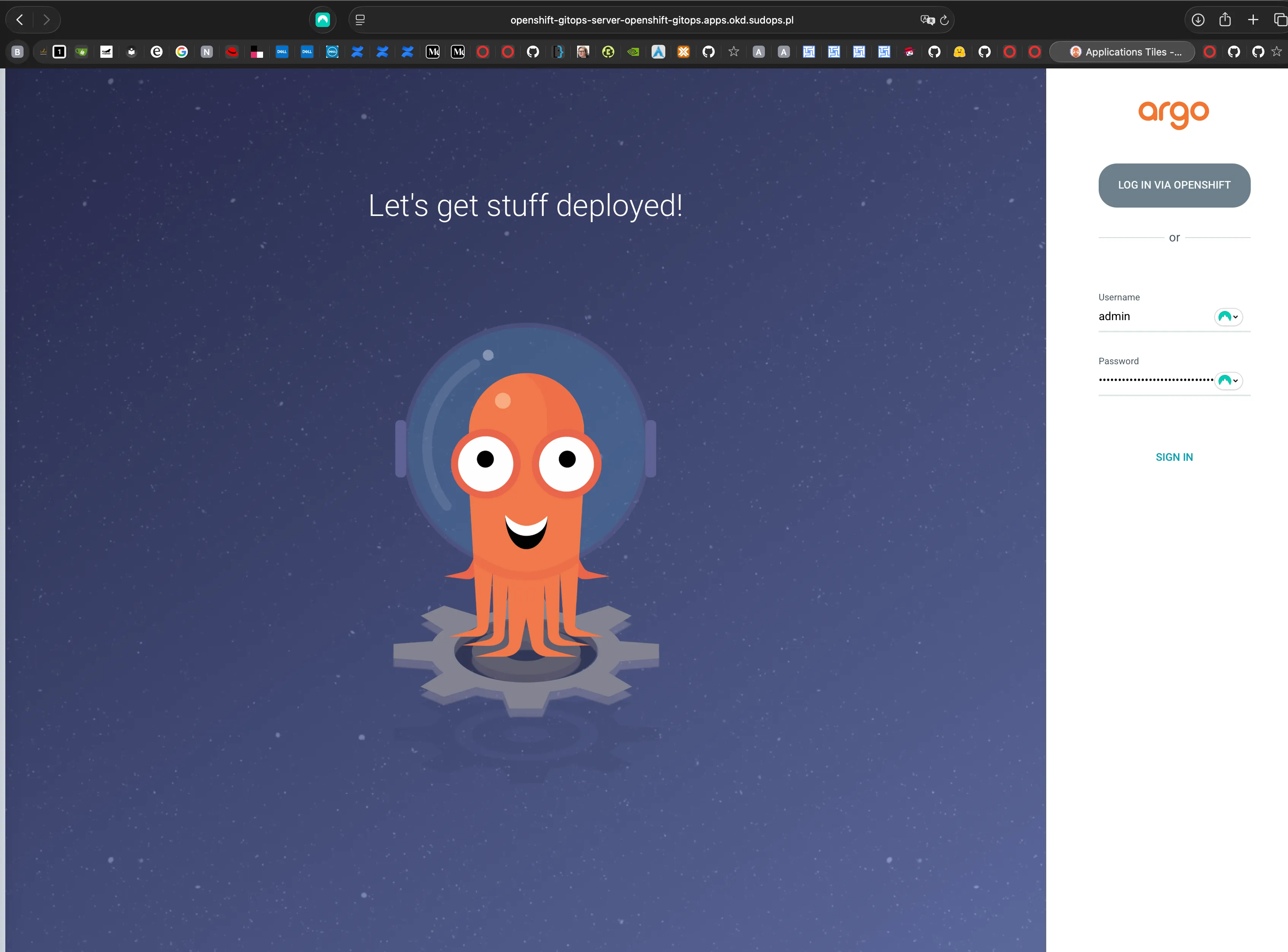 ArgoCD login page — "Let's get stuff deployed!"