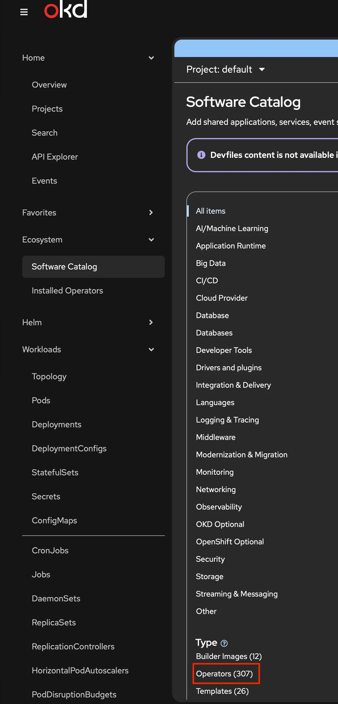 OKD Software Catalog after OKDerators — 307 operators, OKD Optional category added