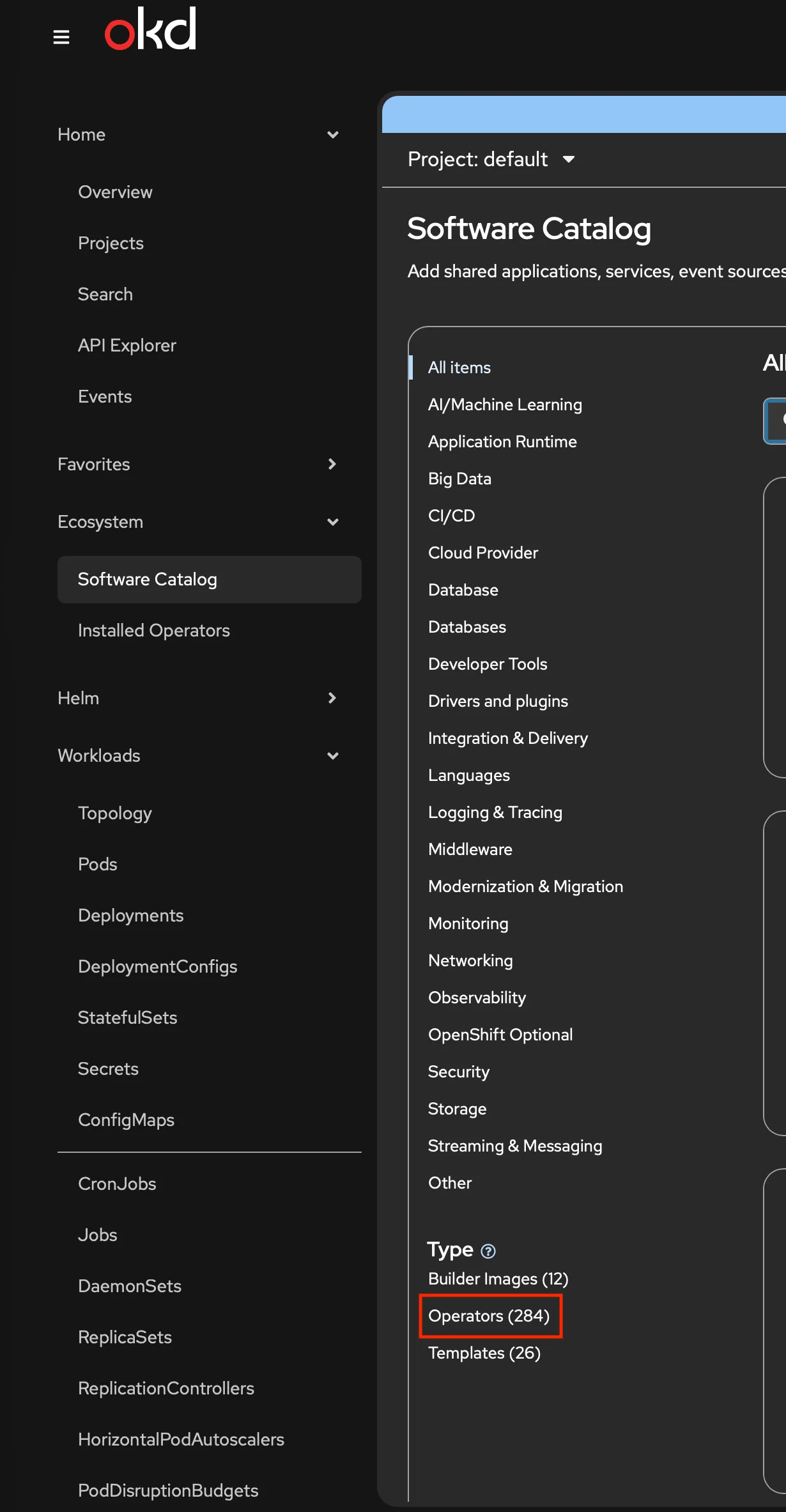 OKD Software Catalog before OKDerators — 284 operators
