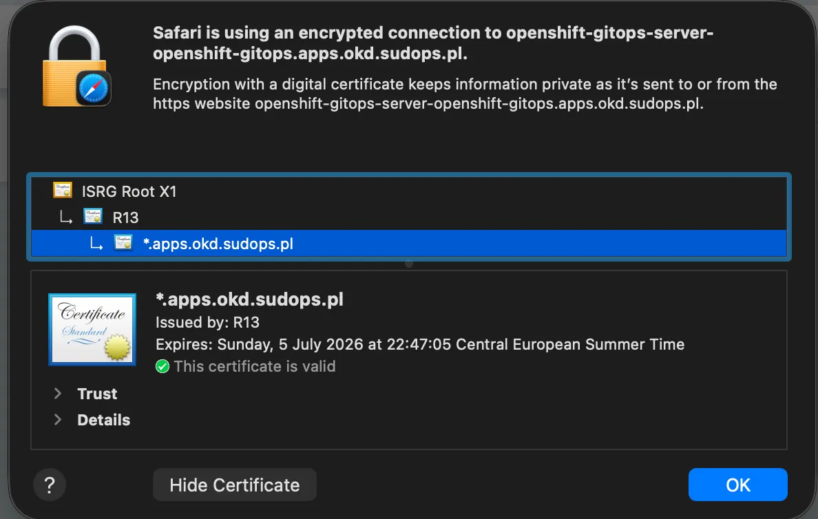 Let's Encrypt certificate on ArgoCD — ISRG Root X1 chain, valid