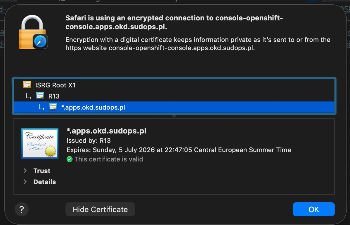 Let's Encrypt certificate on OKD console — valid, no warnings