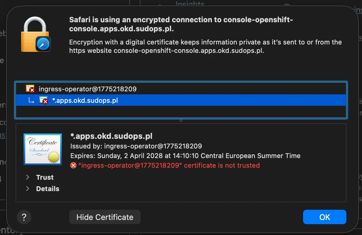 Self-signed certificate on the OKD console — ingress-operator issuer, not trusted