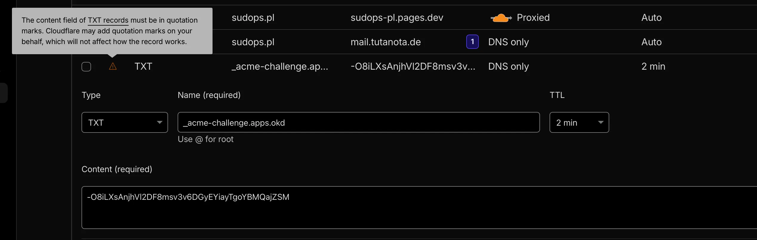Cloudflare DNS showing the _acme-challenge TXT record created by cert-manager