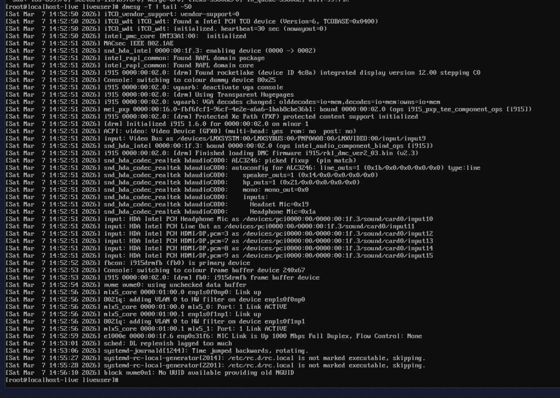 dmesg showing mlx5_core link up on both ports and onboard Intel at 1 Gbps