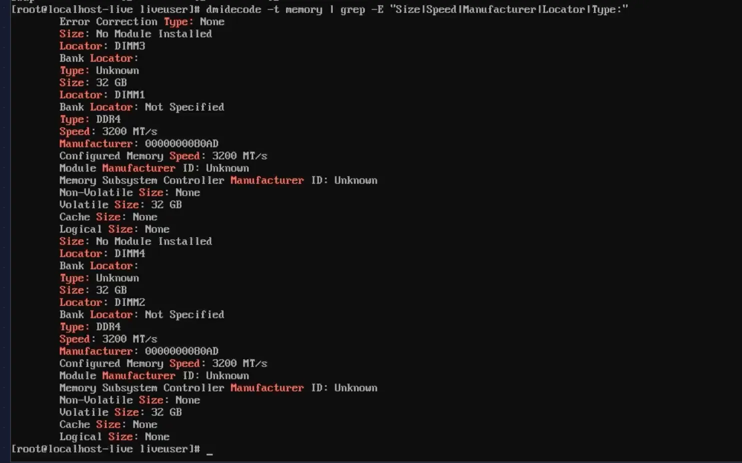 dmidecode memory layout — 2 x 32 GB DDR4-3200 in DIMM1 and DIMM2