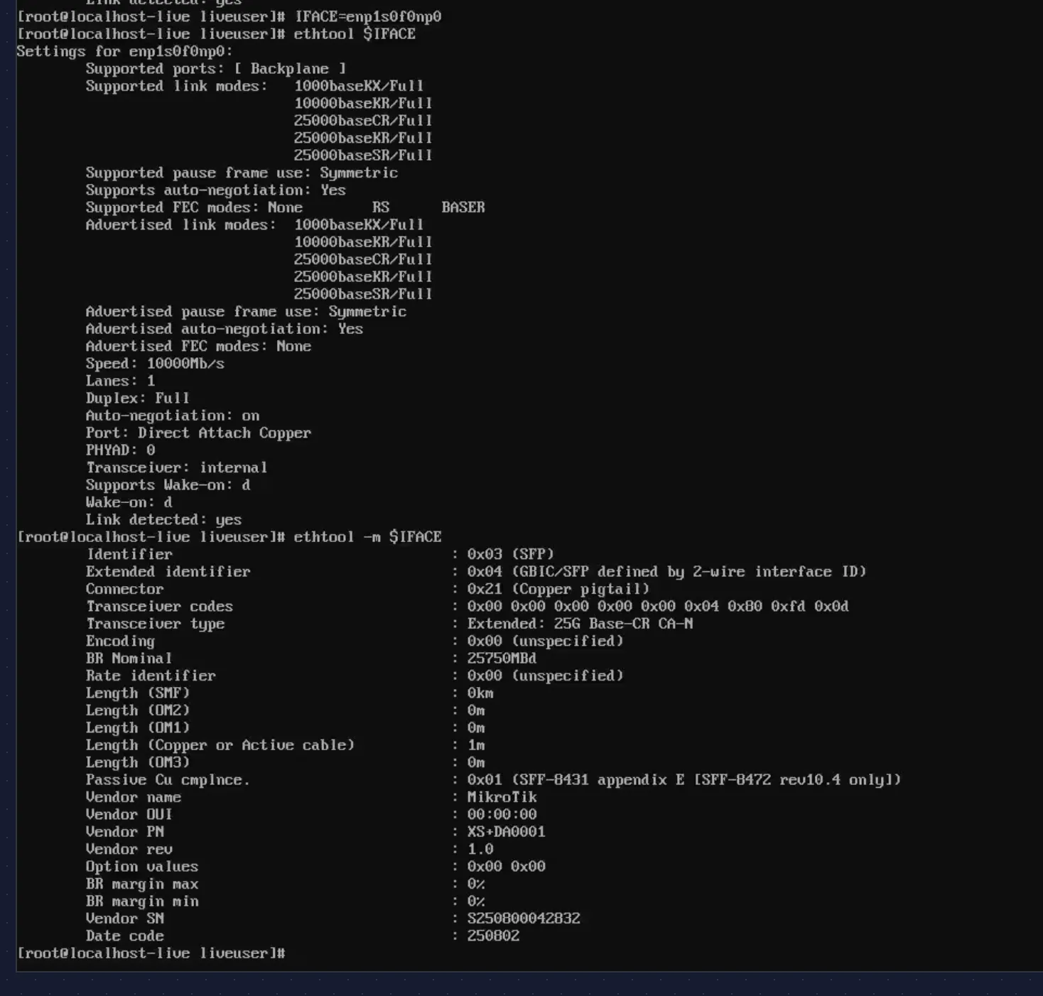 ethtool showing 10 Gbps link speed, DAC detected, and MikroTik XS+DA0001 transceiver details