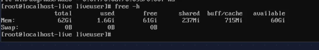 free -h showing 62 GB total, 60 GB available
