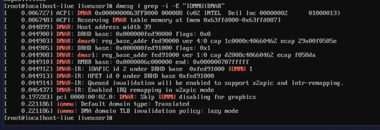 DMAR/IOMMU initialization — VT-d confirmed active