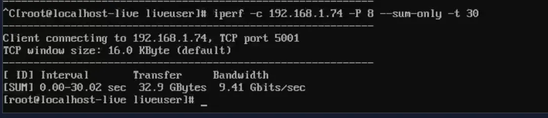 iperf client output — 9.41 Gbits/sec confirmed