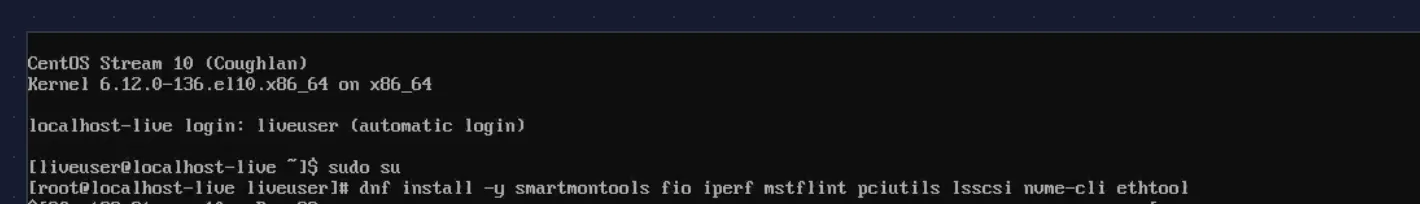CentOS Stream 10 live boot — kernel 6.12.0-136.el10 and tool installation