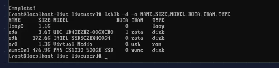 lsblk showing all three storage tiers detected simultaneously