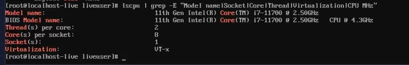 lscpu — i7-11700, 8 cores, 16 threads, VT-x enabled