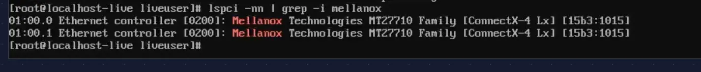lspci confirming both Mellanox CX4121C ports detected with correct device ID