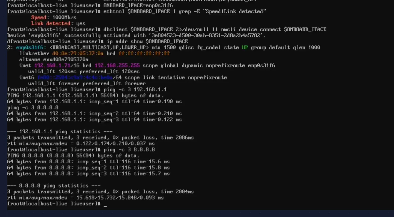Onboard NIC at 1 Gbps, DHCP lease acquired, router and internet reachable