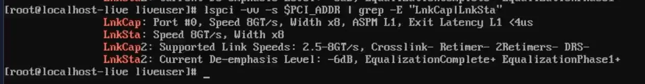 PCIe LnkCap and LnkSta both showing 8GT/s x8 — no downgrade