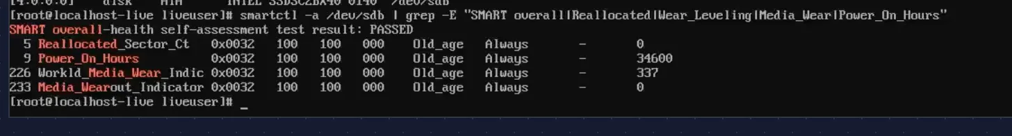 Intel D3-S3610 SMART data — PASSED, zero reallocated sectors, 34,600 hours