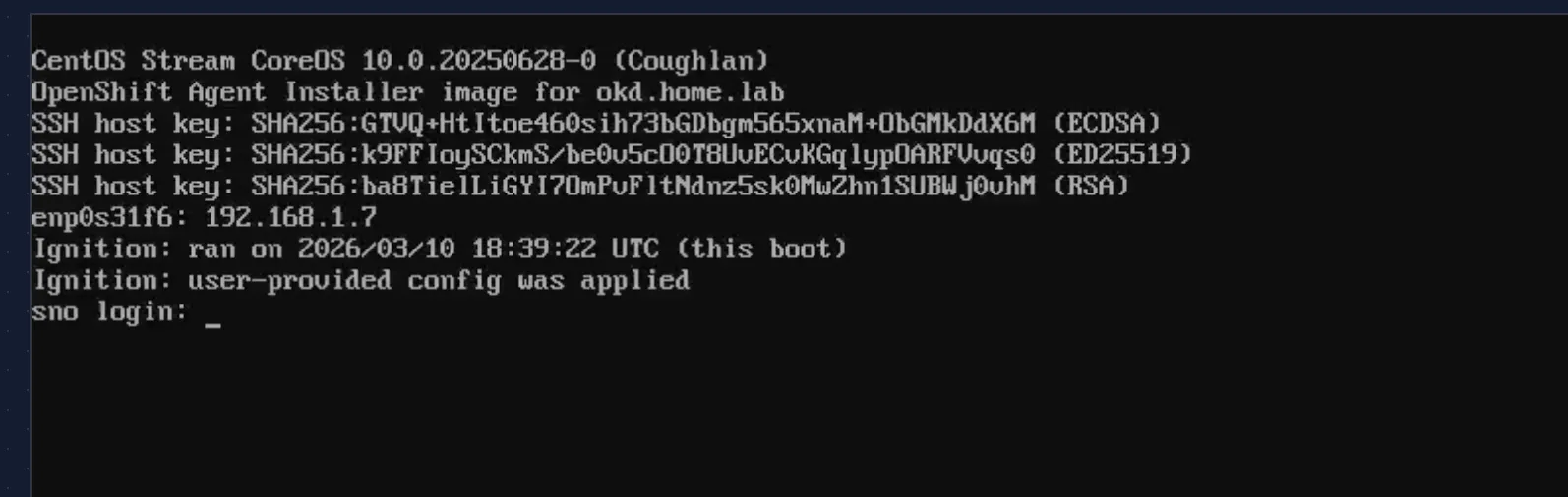 SCOS login prompt showing the OpenShift Agent Installer image and the node's IP