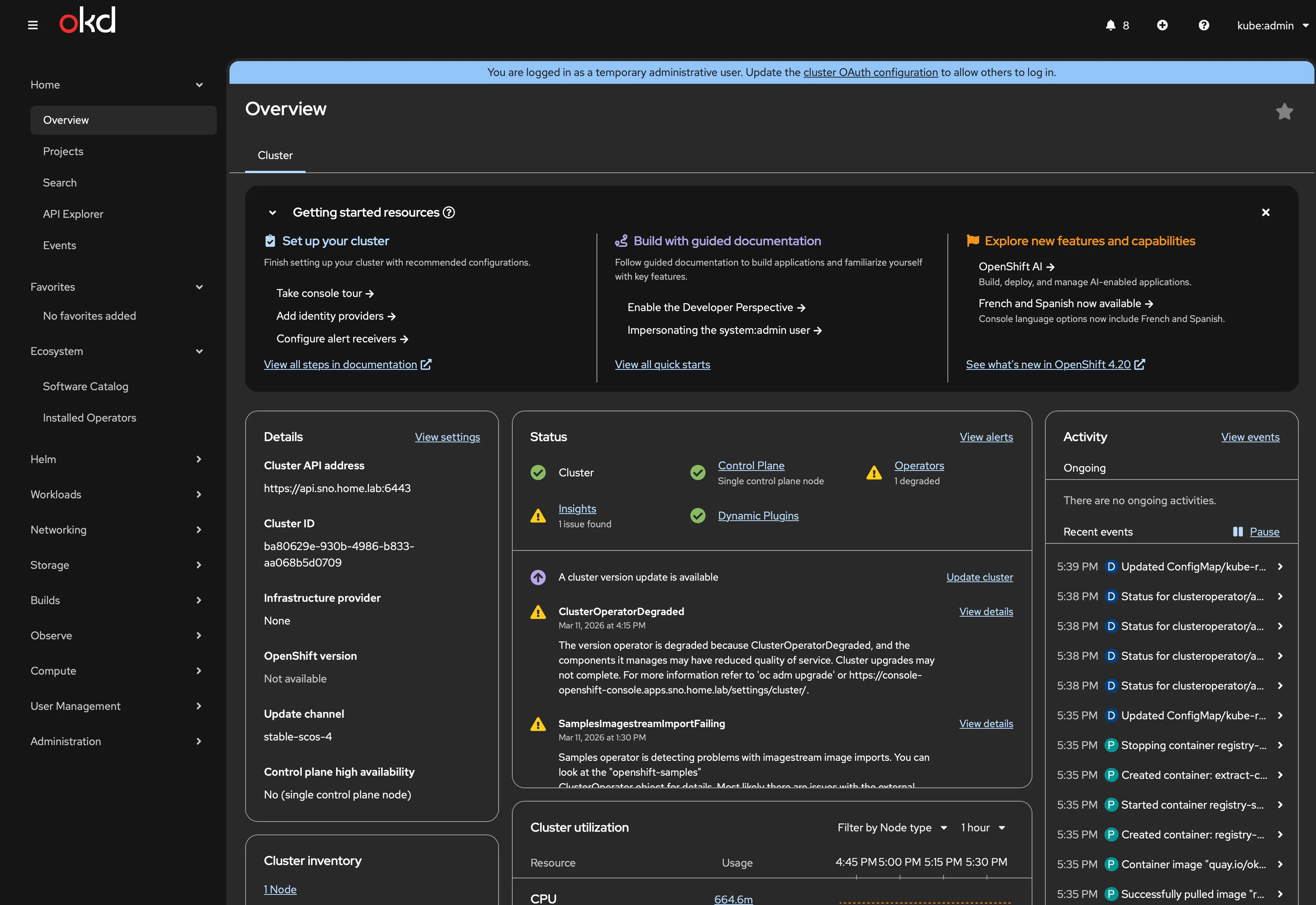 OKD web console overview — cluster healthy, 1 node, all operators available