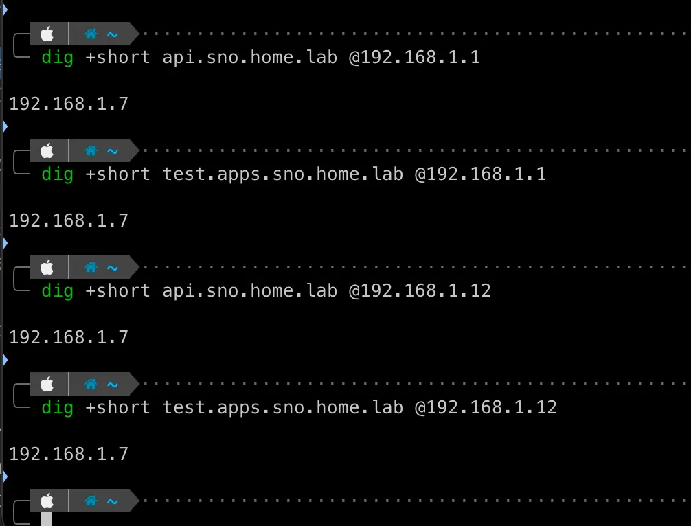 DNS verification: all four dig queries resolving correctly through both the router and Pi-hole