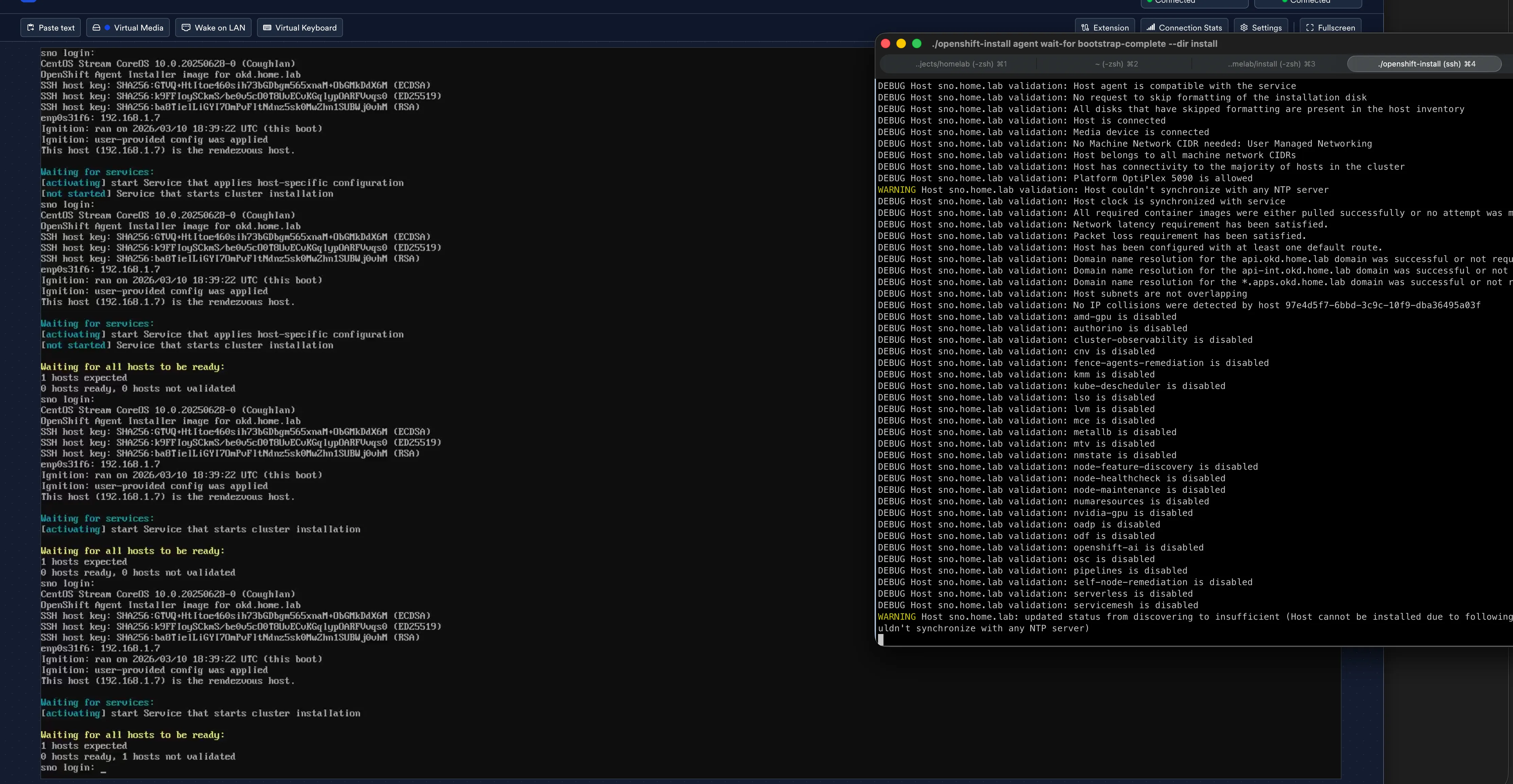 Split screen: JetKVM console showing installation progress alongside the installer's validation output