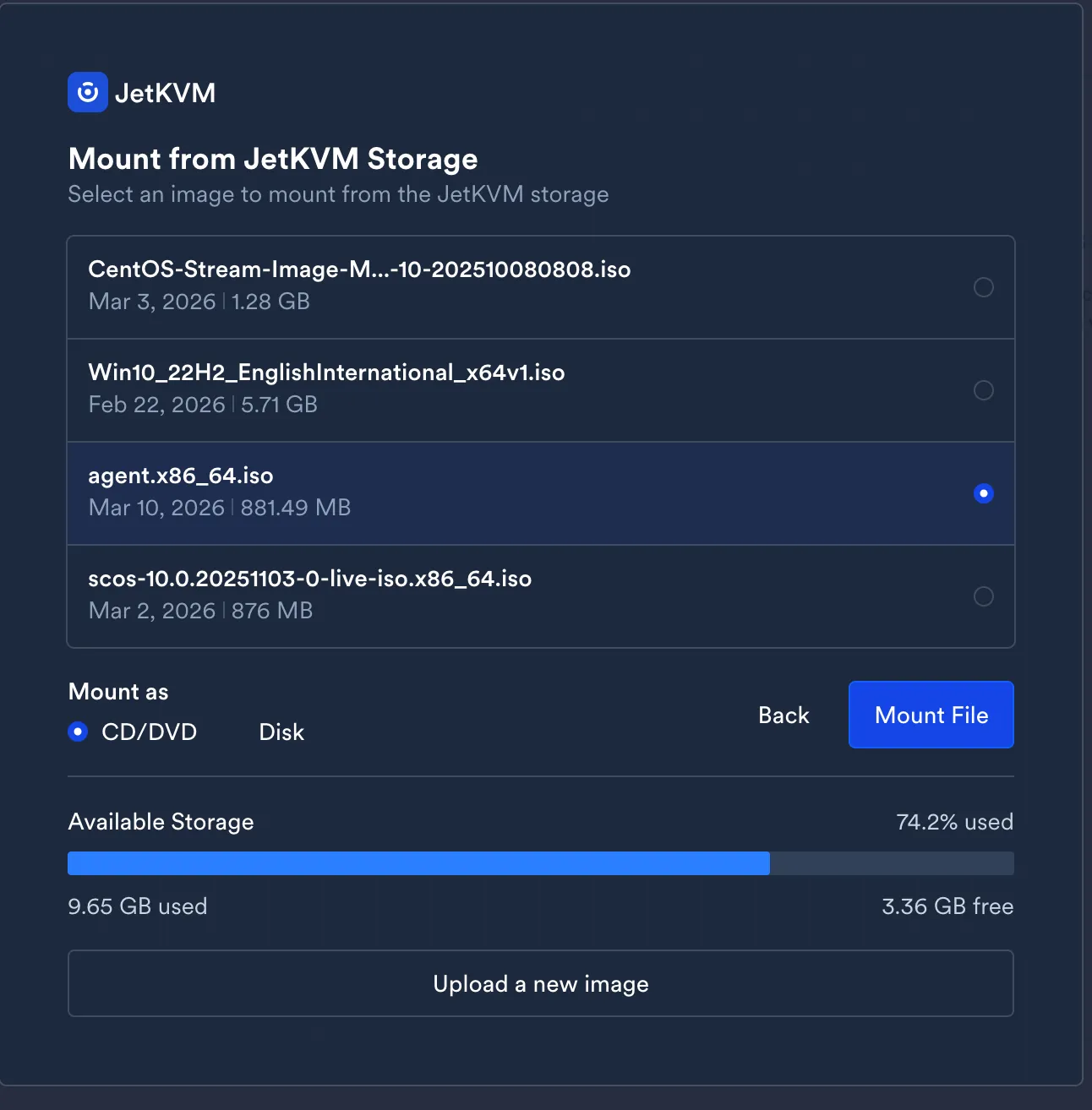 JetKVM storage showing the agent ISO ready to mount