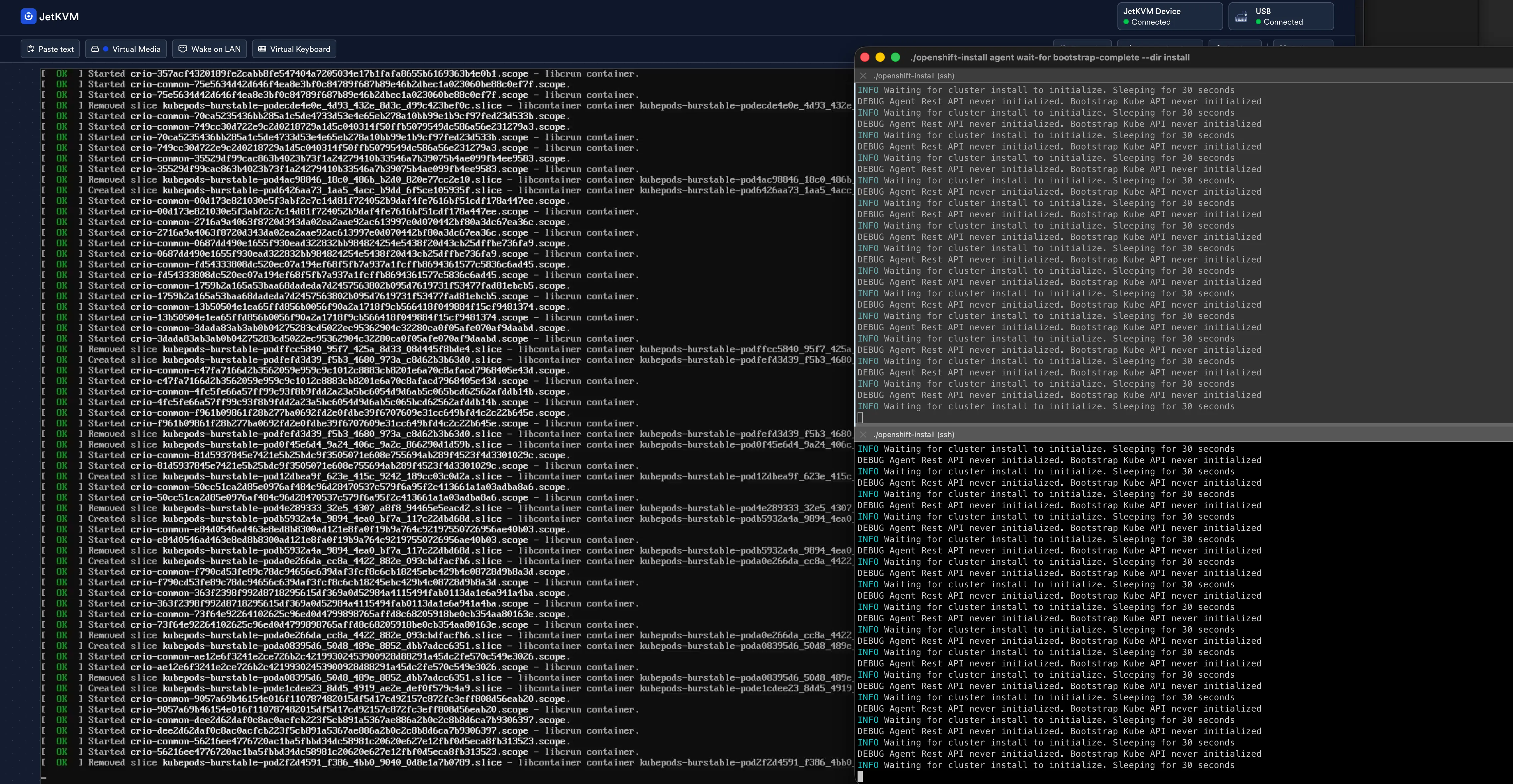 The long wait: containers pulling on the node while the installer monitors from the workstation