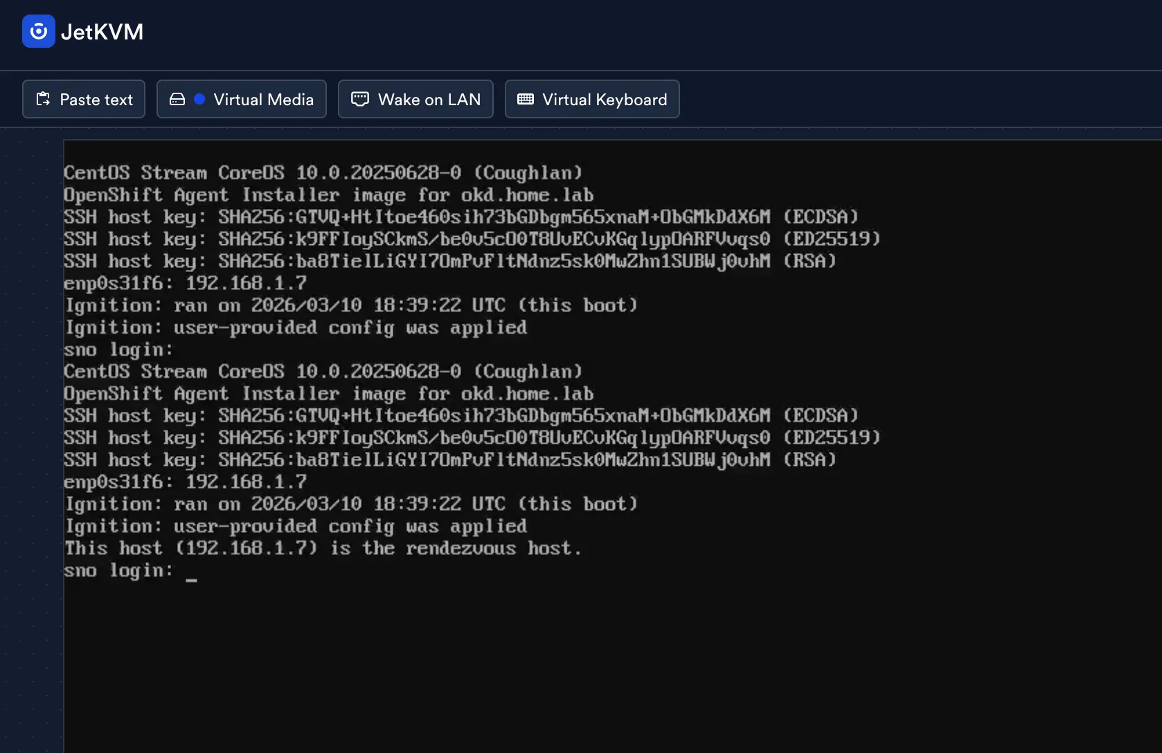 JetKVM console showing the rendezvous host identification